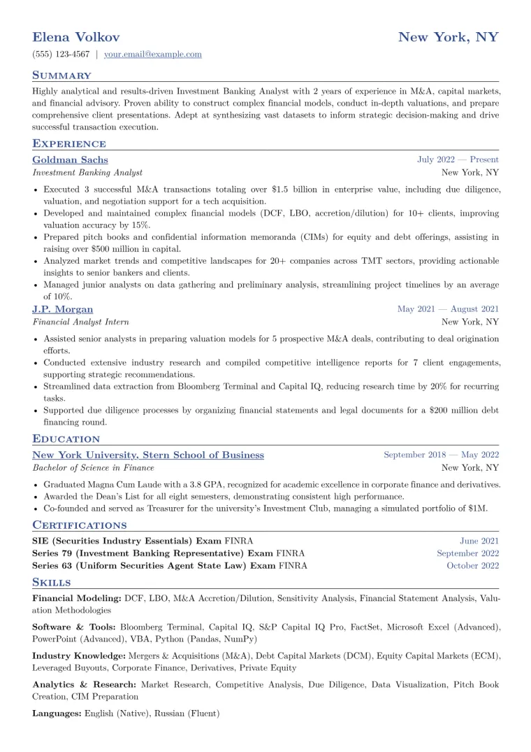 Investment Banking Analyst Resume Example CV template preview