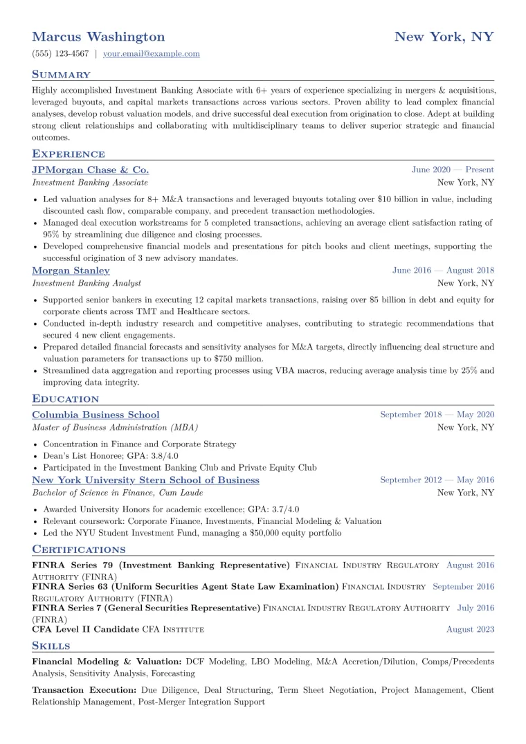Investment Banking Associate Resume Example CV template preview