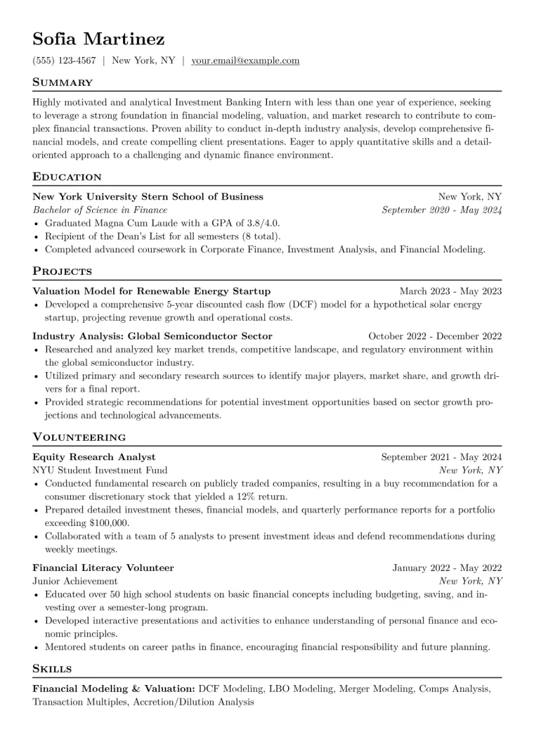 Investment Banking Intern Resume Example CV template preview