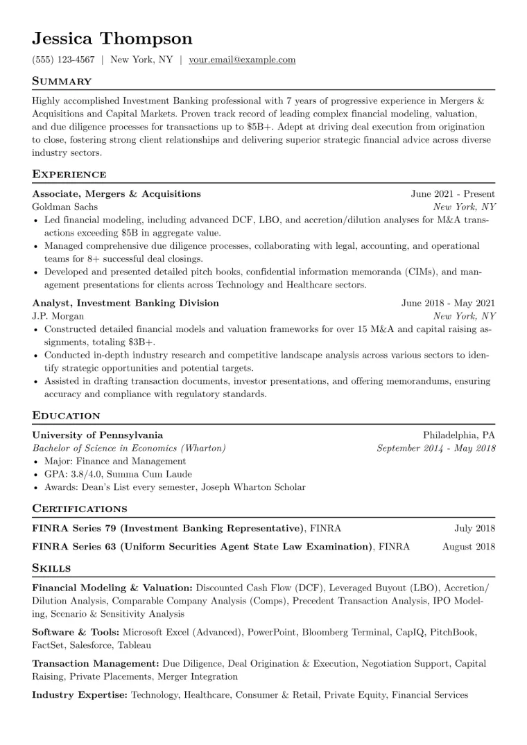 Investment Banking Resume Example CV template preview