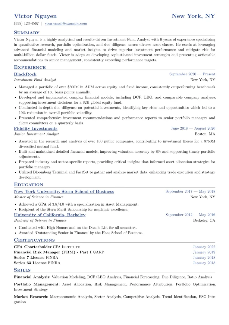 Investment Fund Analyst Resume Example CV template preview