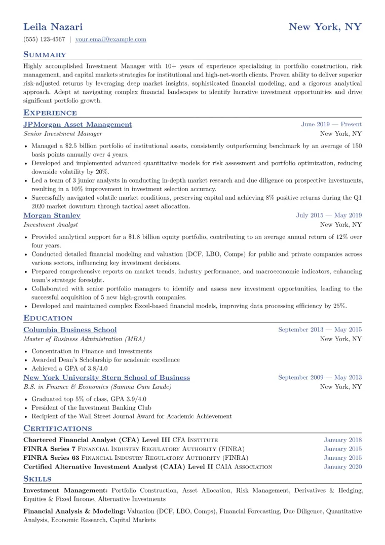 Investment Manager Resume Example CV template preview