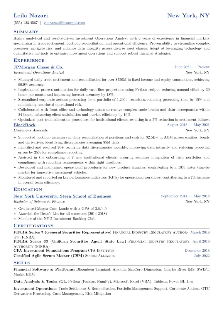 Investment Operations Analyst Resume Example CV template preview