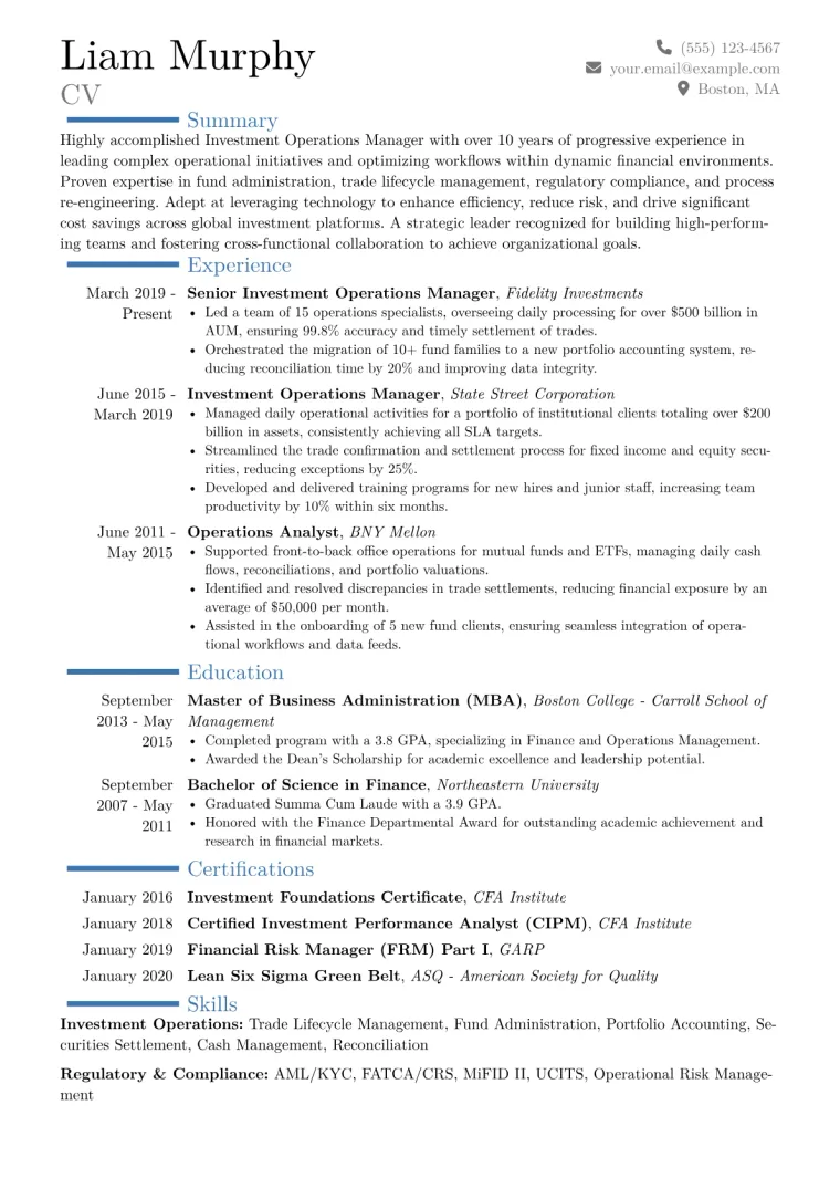 Investment Operations Manager Resume Example CV template preview