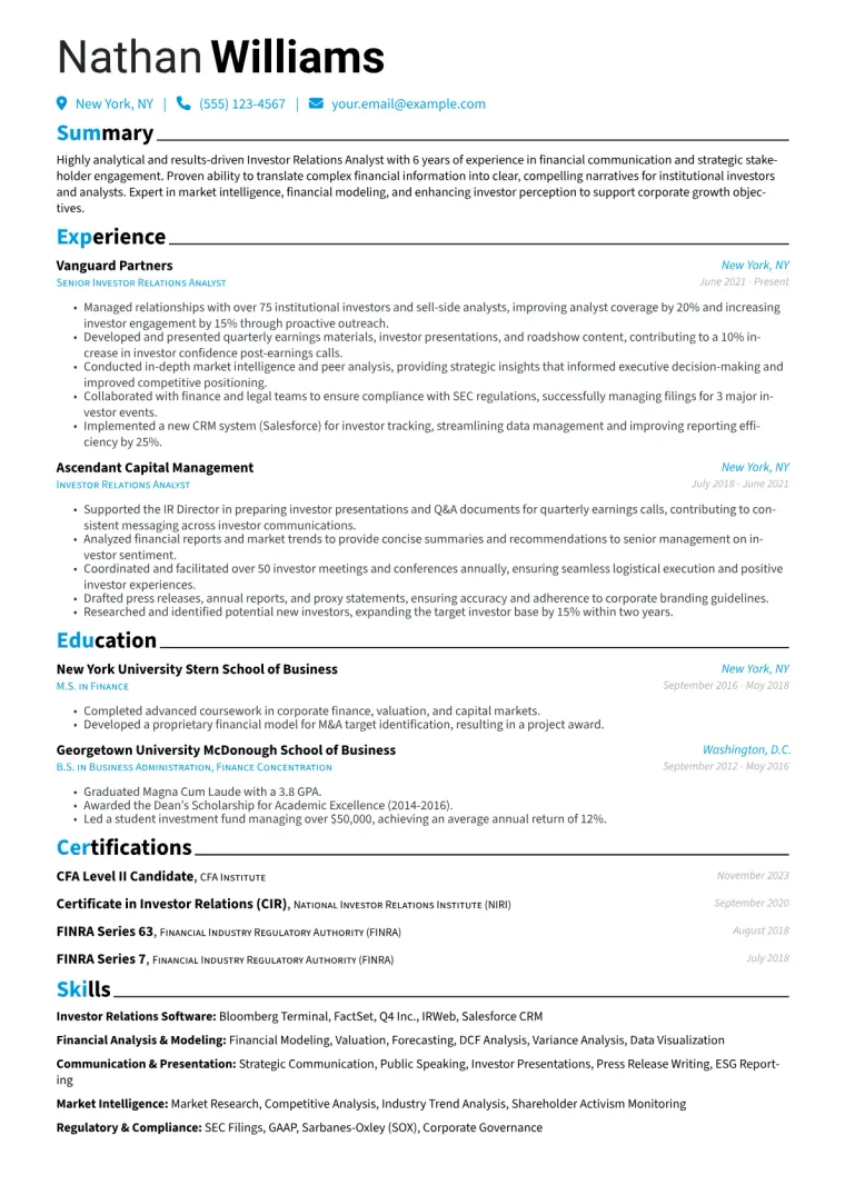 Investor Relations Analyst Resume Example CV template preview