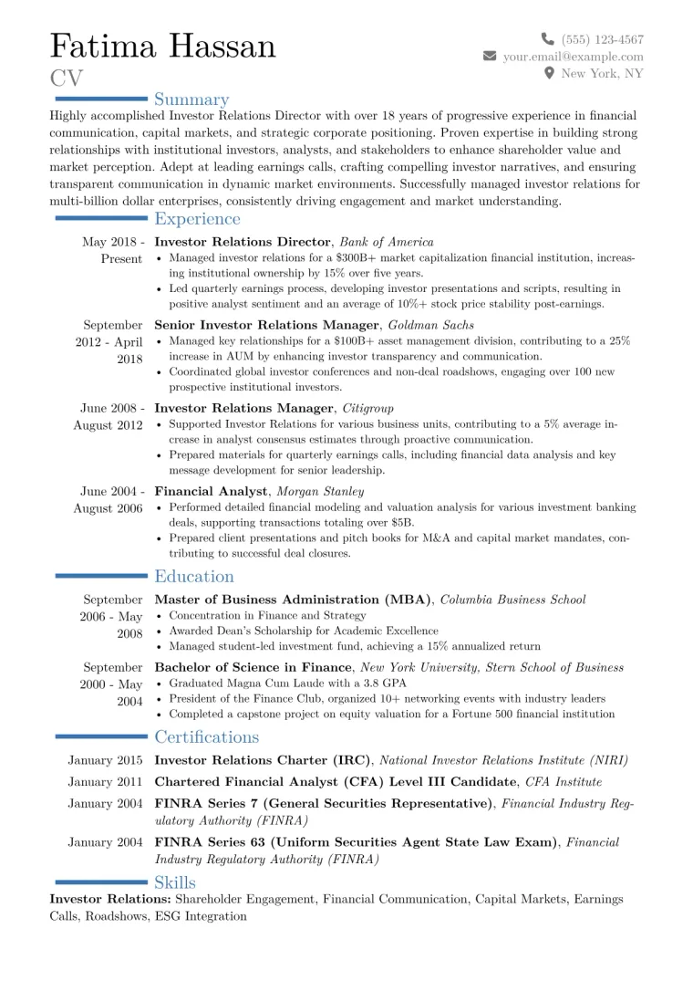 Investor Relations Director Resume Example CV template preview