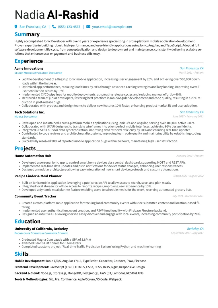 Ionic Developer Resume Example CV template preview