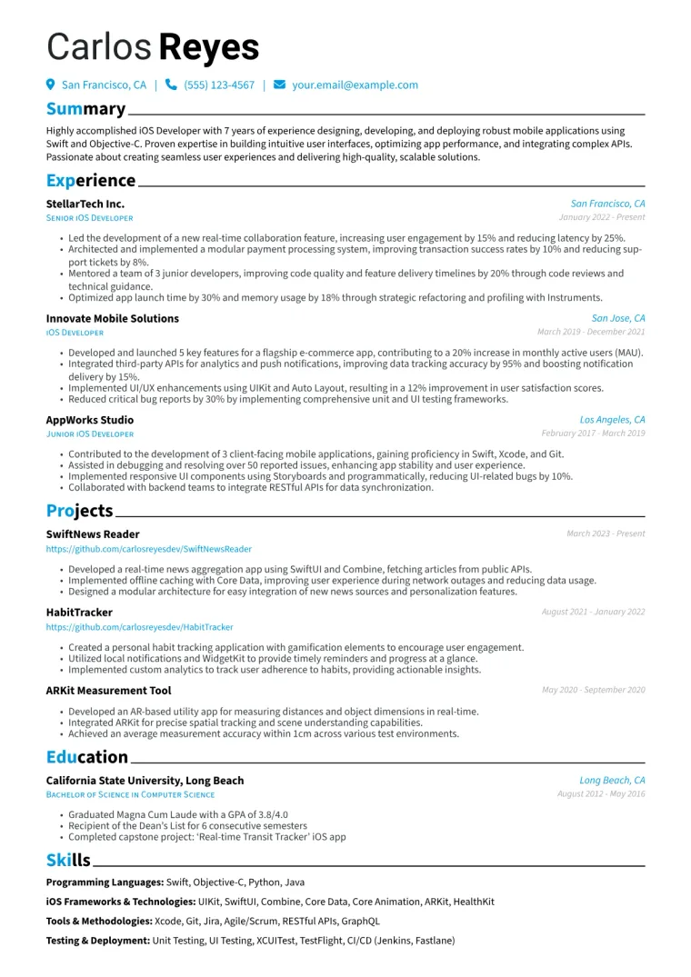 iOS Developer Resume Example CV template preview