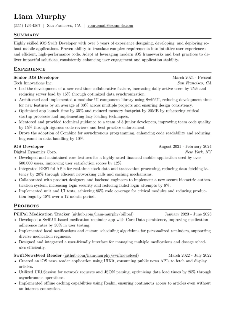 iOS Swift Developer Resume Example CV template preview