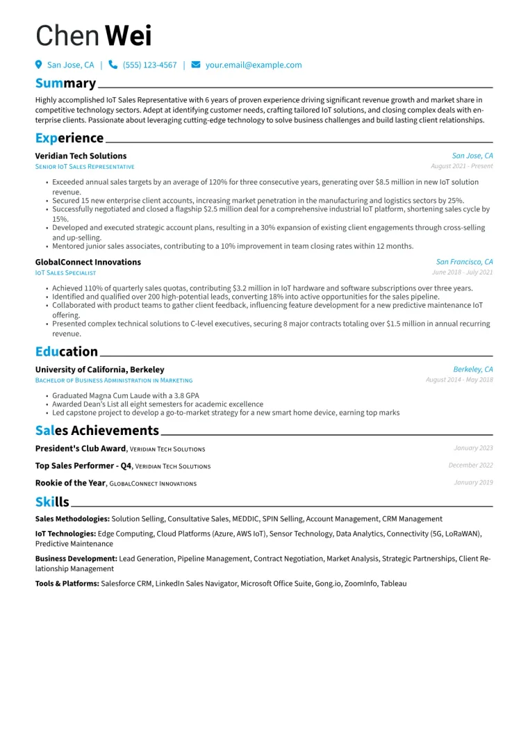 IoT Sales Representative Resume Example CV template preview