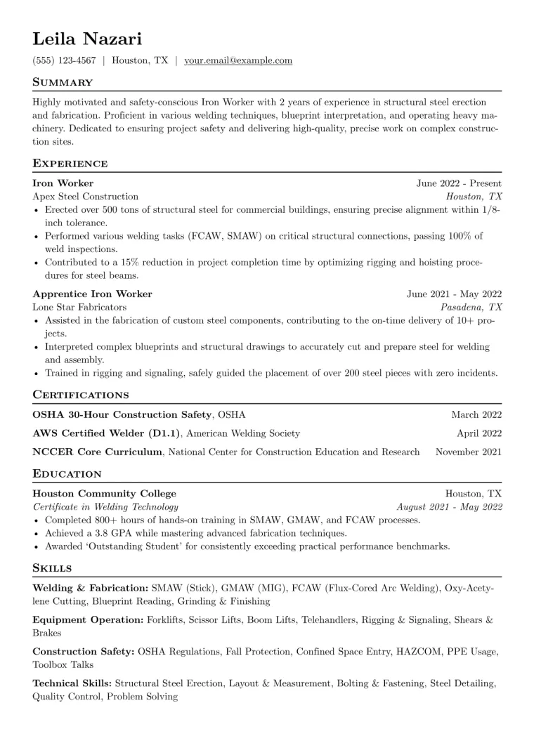 Iron Worker Resume Example CV template preview