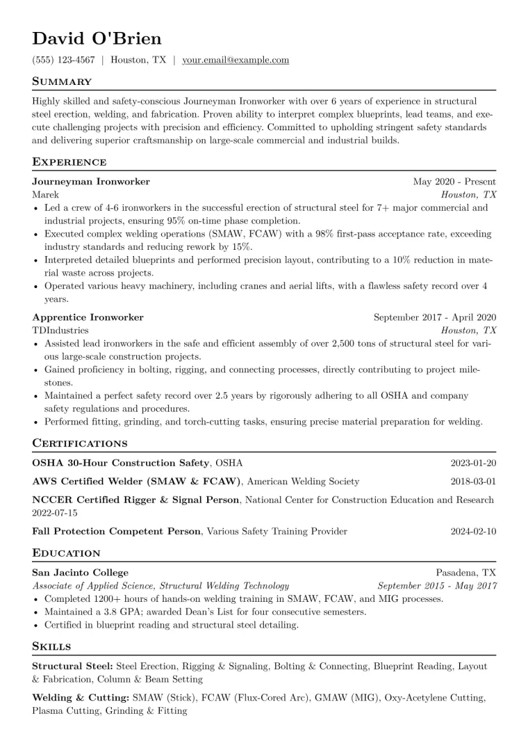 Ironworker Resume Example CV template preview