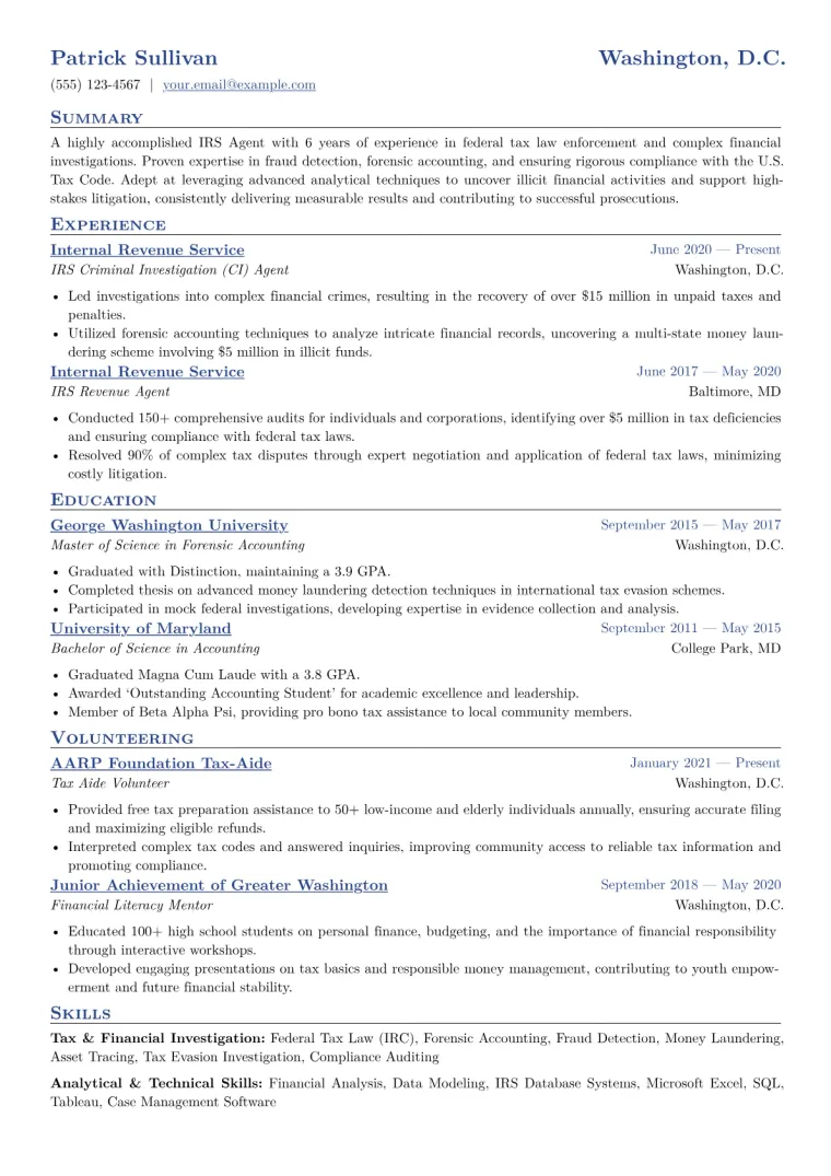 IRS Agent Resume Example CV template preview