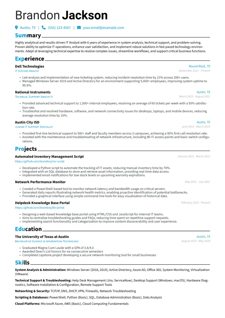 IT Analyst Resume Example CV template preview