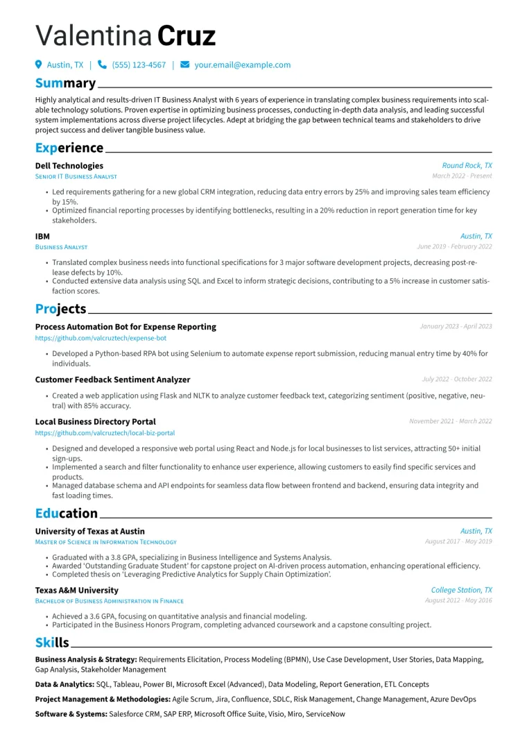 IT Business Analyst Resume Example CV template preview