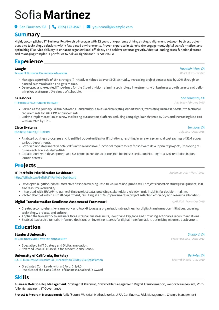 IT Business Relationship Manager Resume Example CV template preview