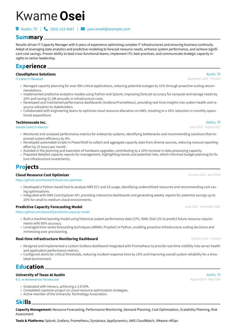 IT Capacity Manager Resume Example CV template preview