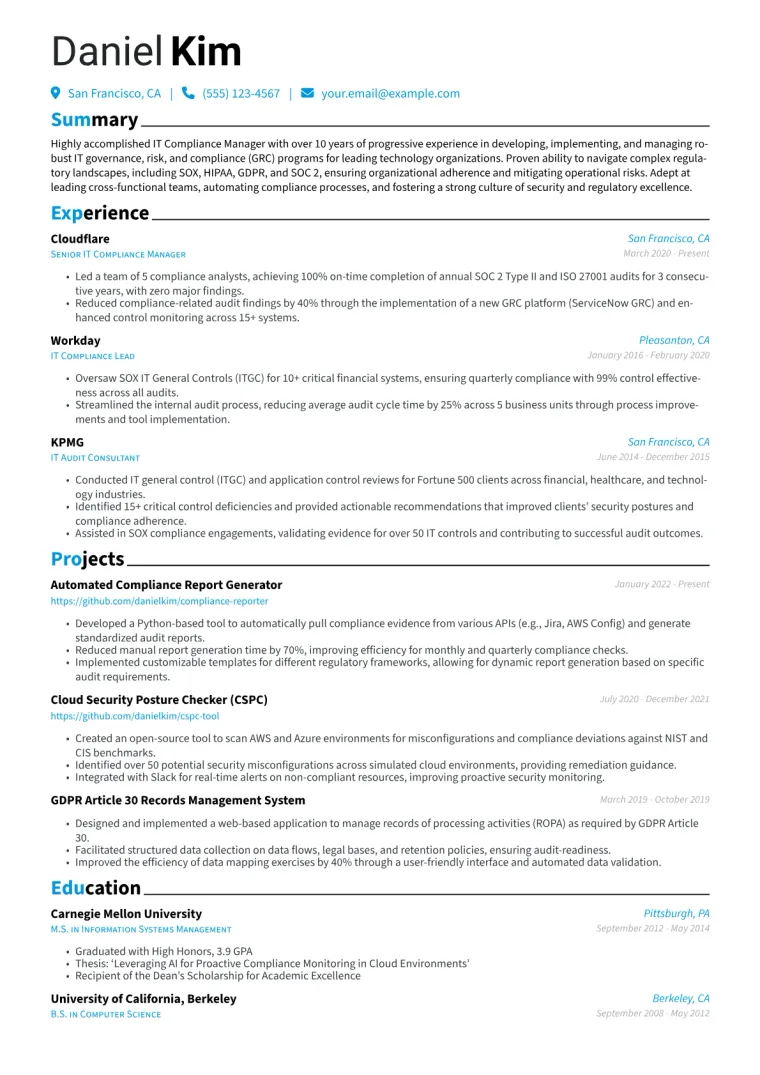 IT Compliance Manager Resume Example CV template preview