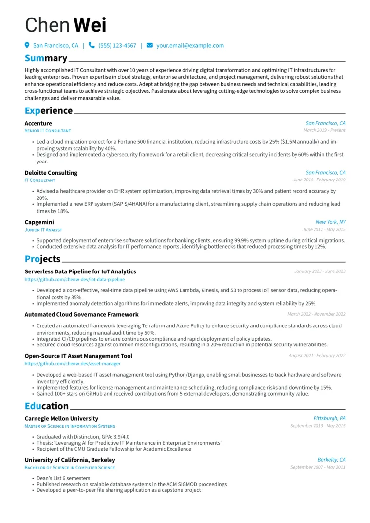 IT Consultant Resume Example CV template preview