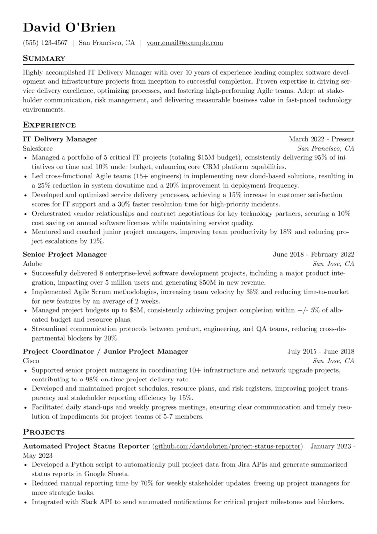 IT Delivery Manager Resume Example CV template preview