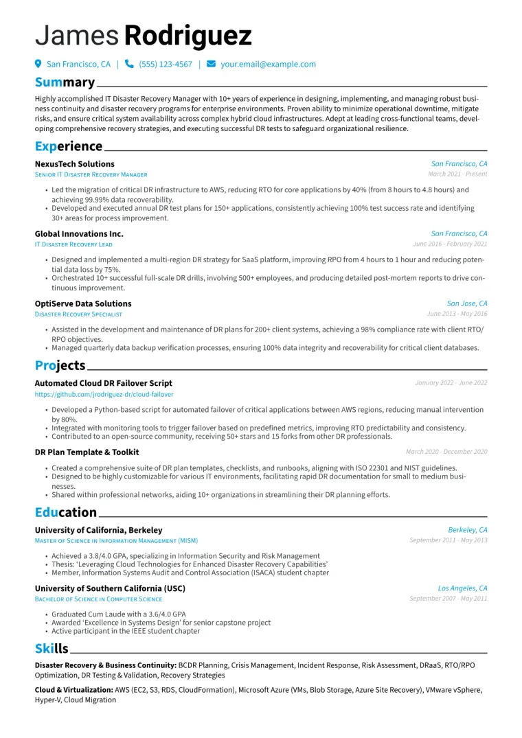 IT Disaster Recovery Manager Resume Example CV template preview