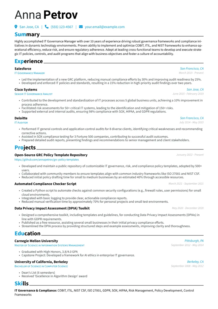 IT Governance Manager Resume Example CV template preview