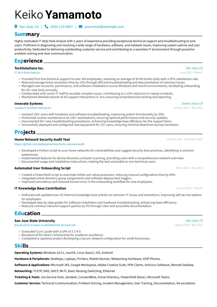IT Help Desk Analyst Resume Example CV template preview