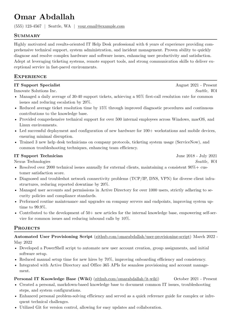 IT Help Desk Resume Example CV template preview