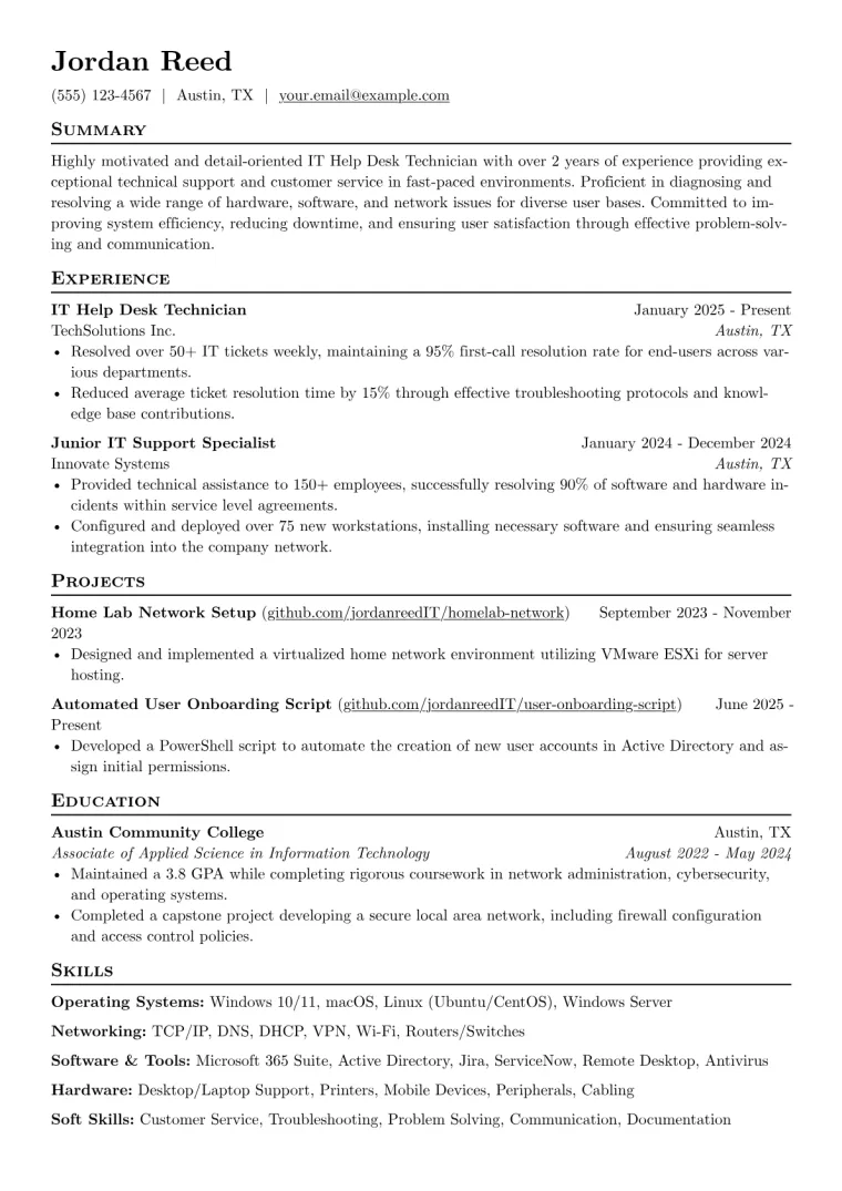 IT Help Desk Technician Resume Example CV template preview