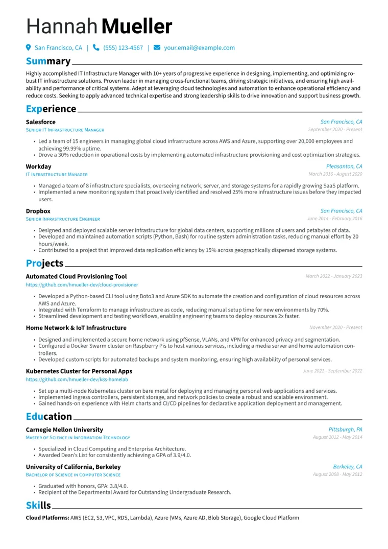 IT Infrastructure Manager Resume Example CV template preview