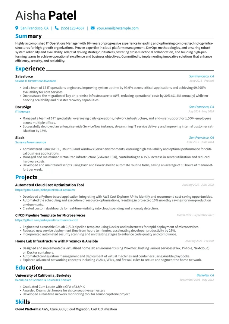 IT Operations Manager Resume Example CV template preview