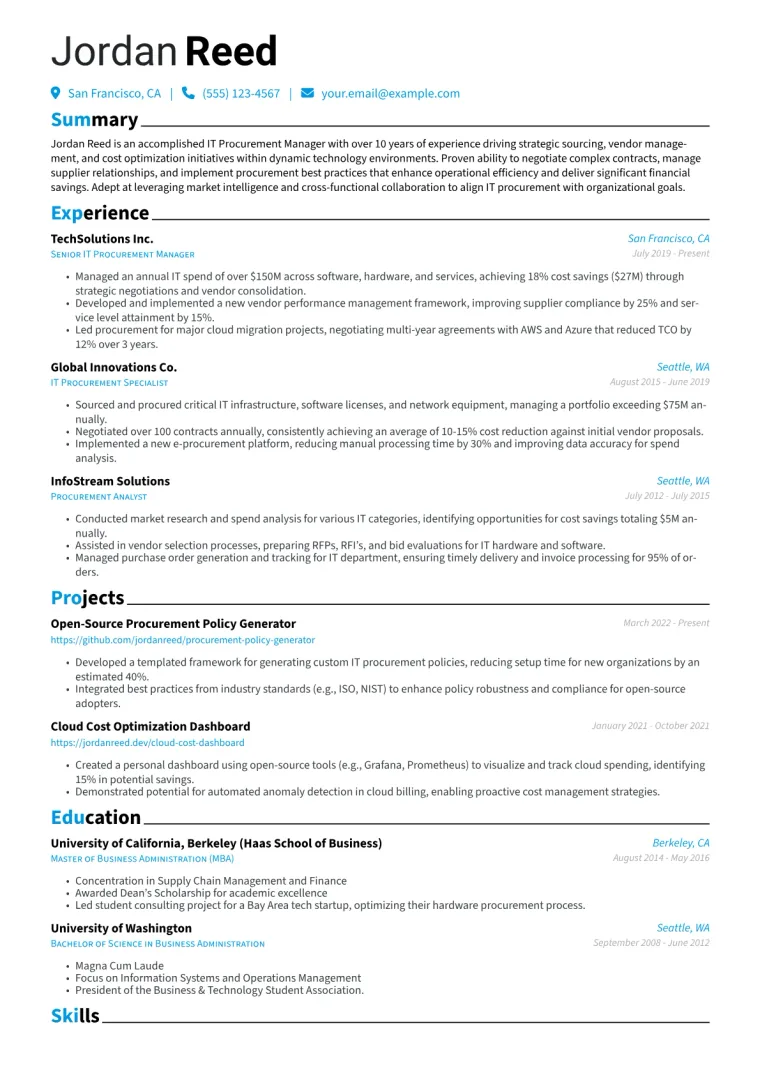 IT Procurement Manager Resume Example CV template preview