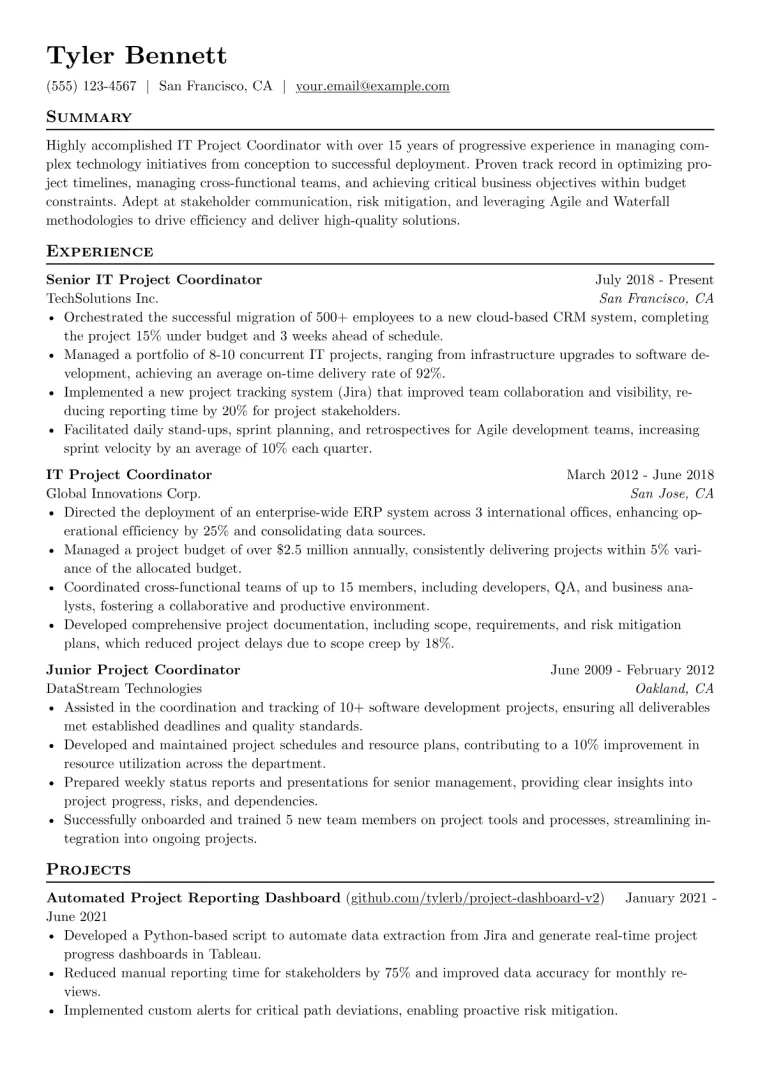 IT Project Coordinator Resume Example CV template preview