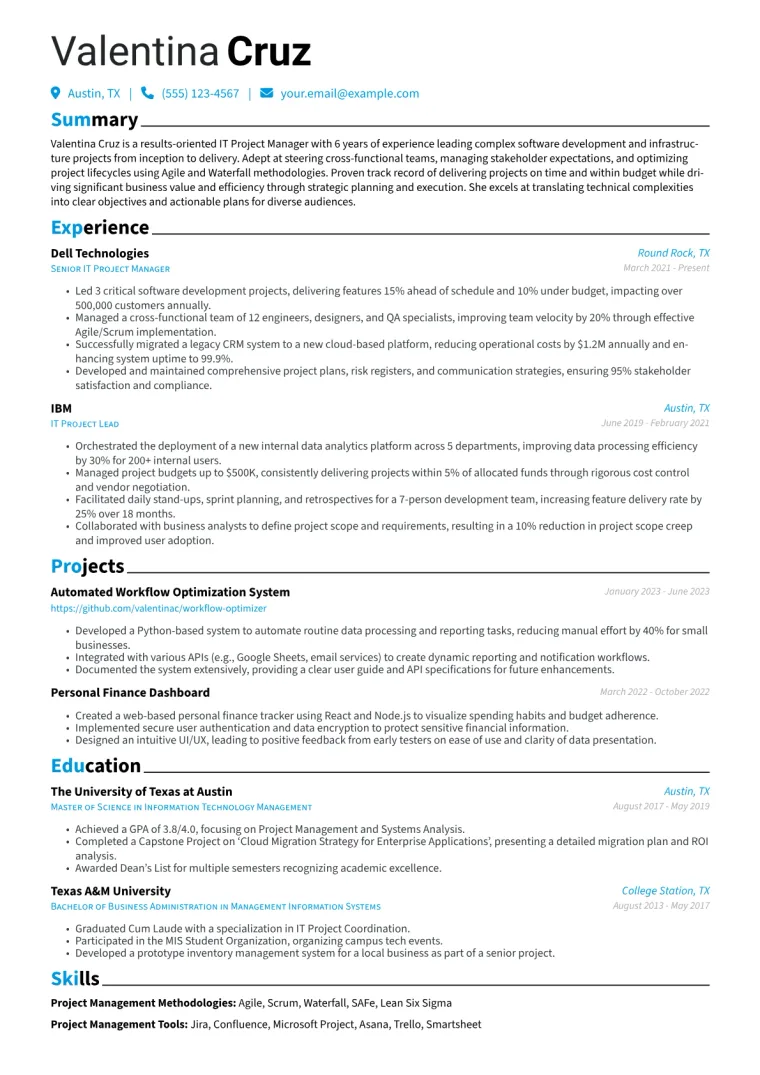 IT Project Manager Resume Example CV template preview