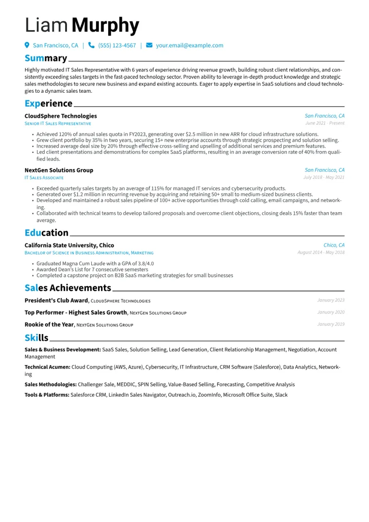 IT Sales Representative Resume Example CV template preview