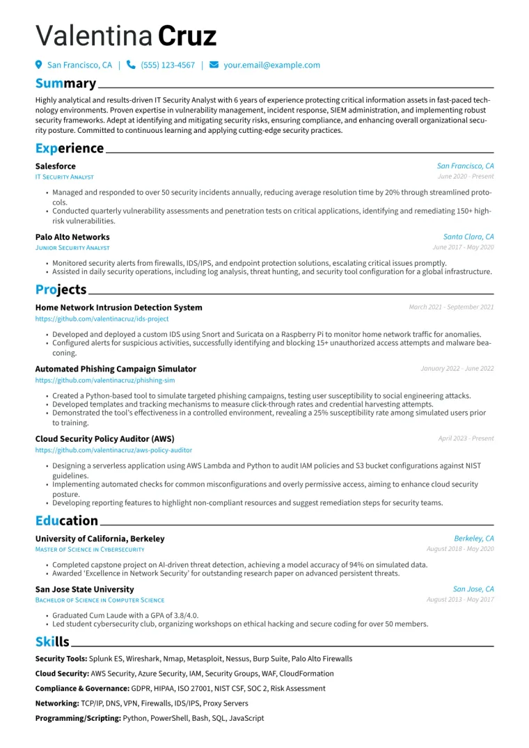 IT Security Analyst Resume Example CV template preview
