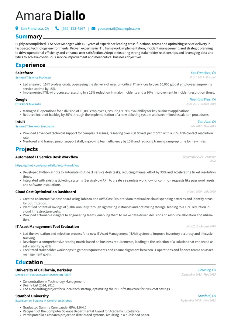 IT Service Manager Resume Example CV template preview
