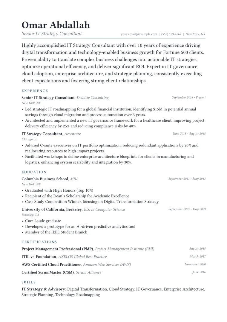 IT Strategy Consultant Resume Example CV template preview