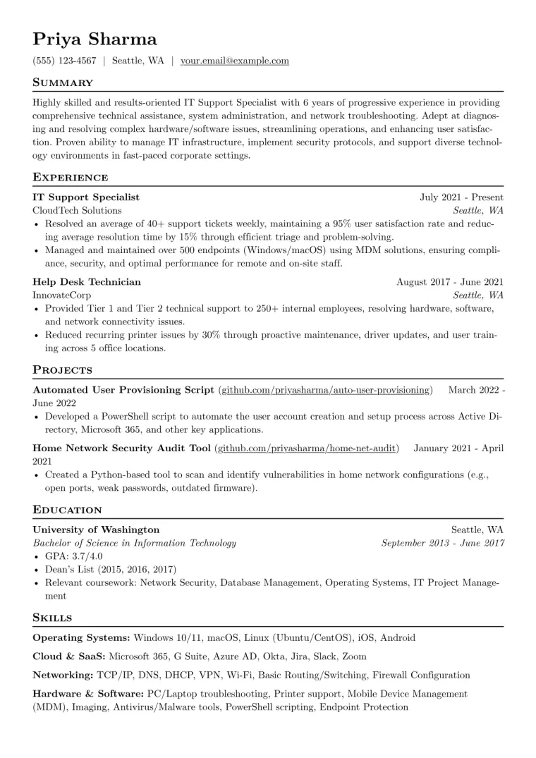 IT Support Resume Example CV template preview