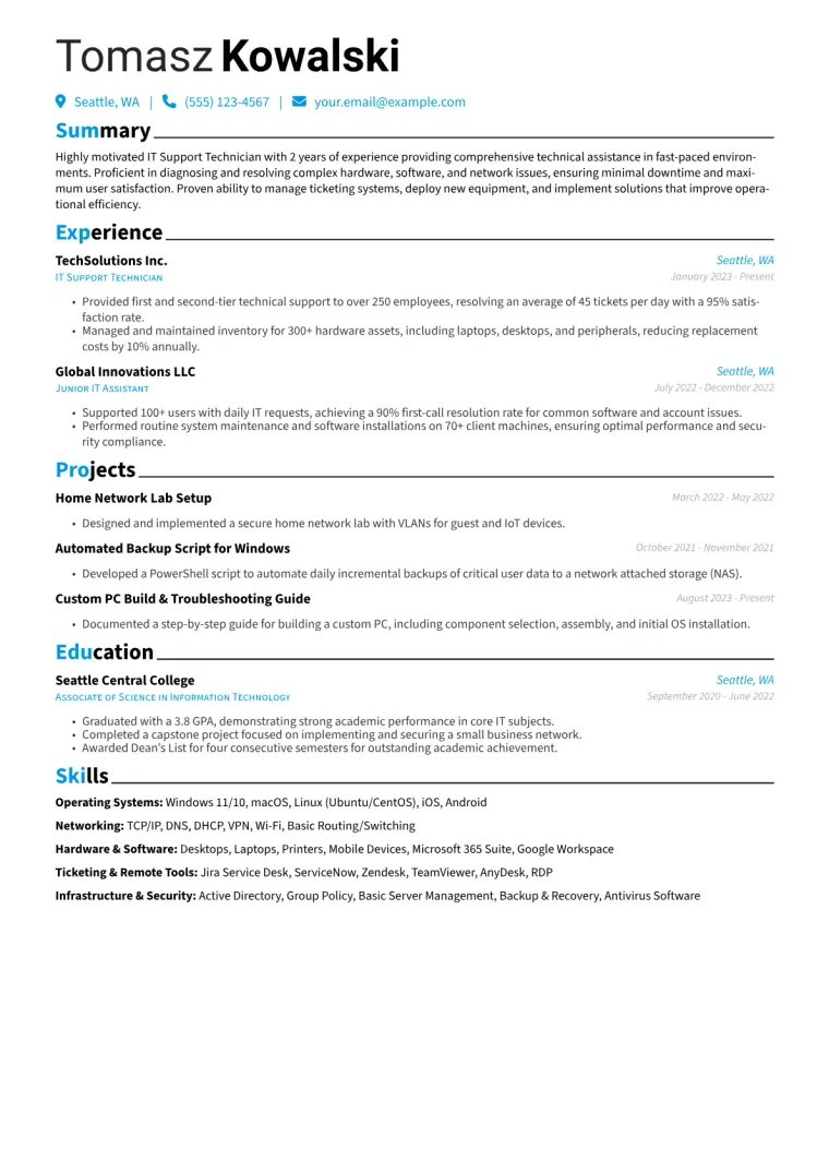 IT Support Technician Resume Example CV template preview