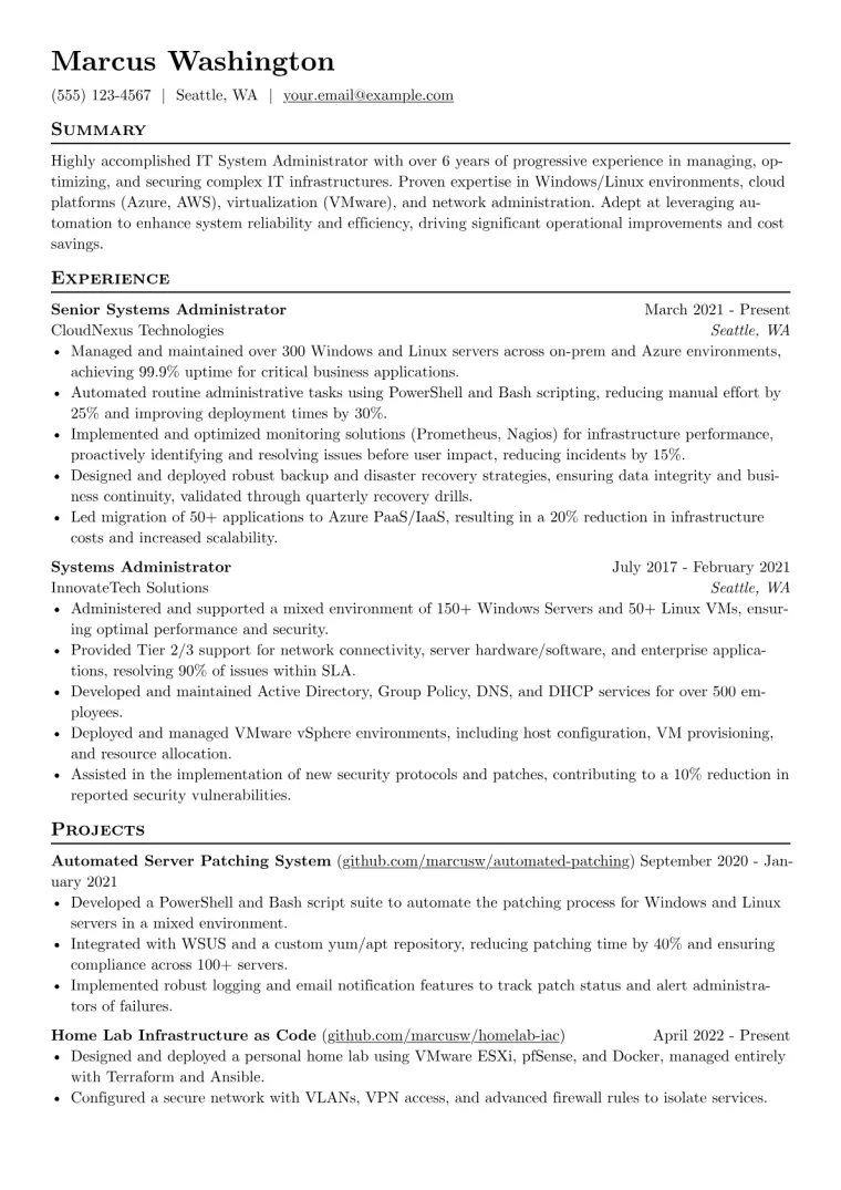 IT System Administrator Resume Example CV template preview