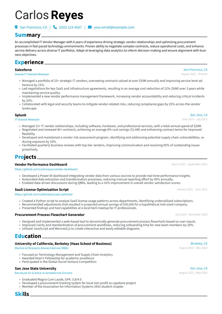 IT Vendor Manager Resume Example CV template preview