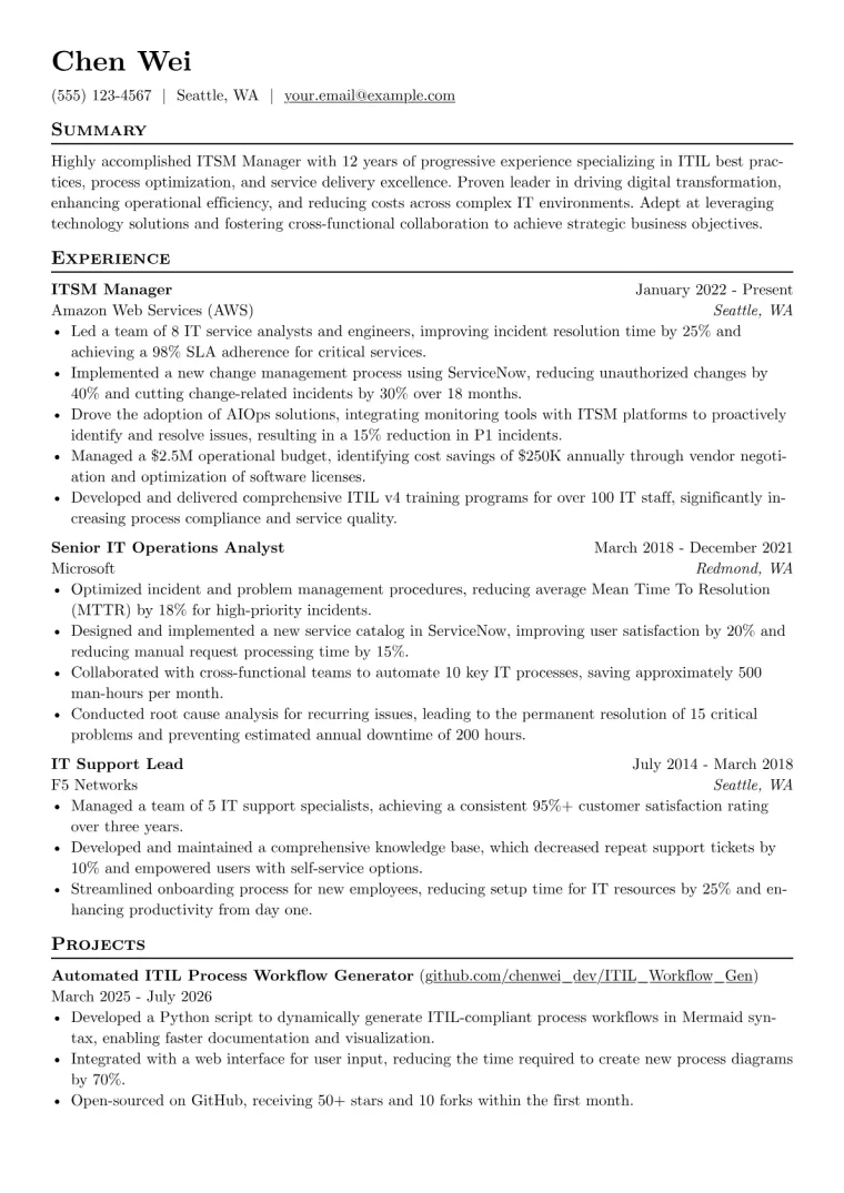 ITSM Manager Resume Example CV template preview