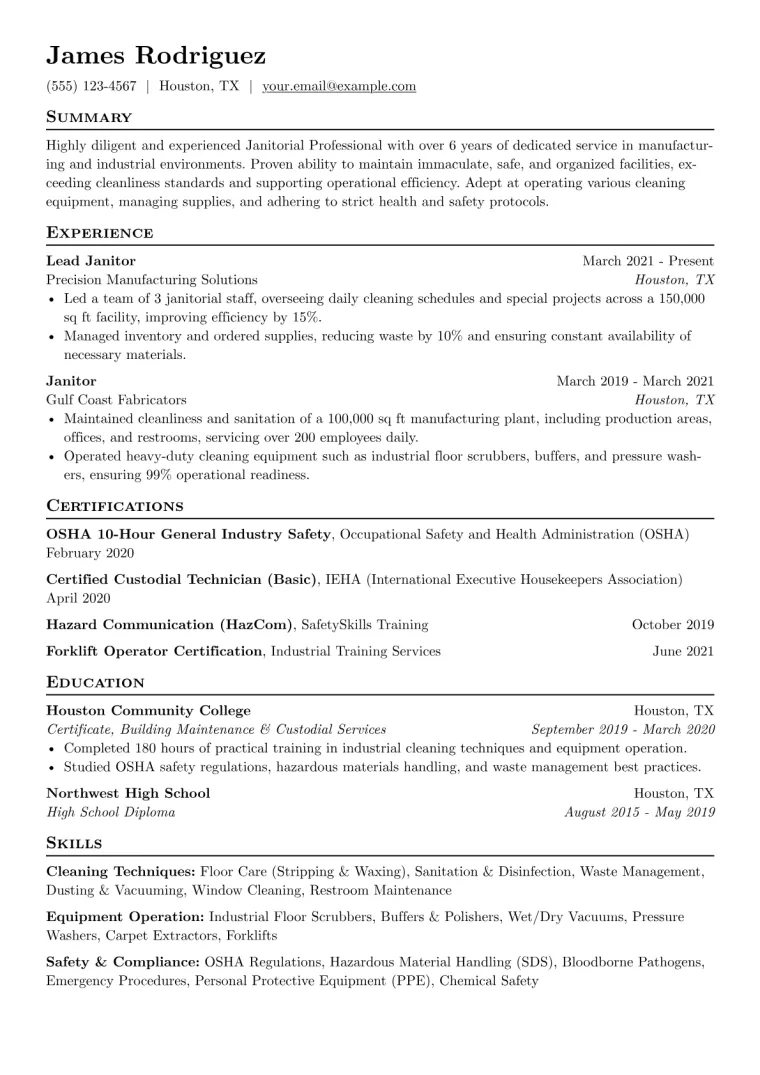 Janitorial Resume Example CV template preview