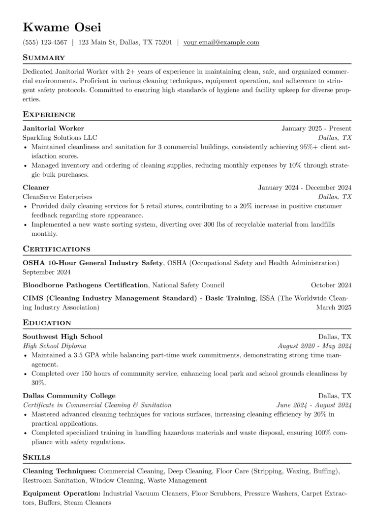 Janitorial Worker Resume Example CV template preview