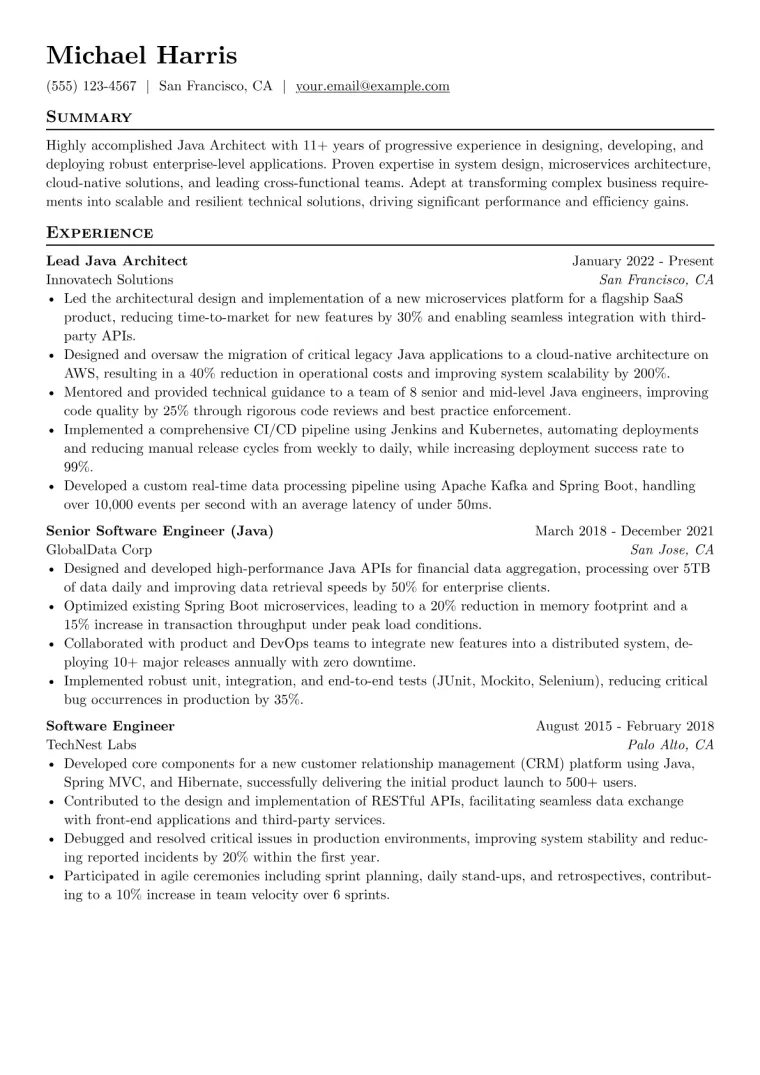 Java Architect Resume Example CV template preview