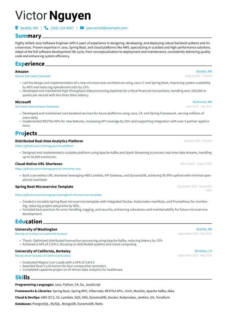 Java Software Engineer Resume Example CV template preview