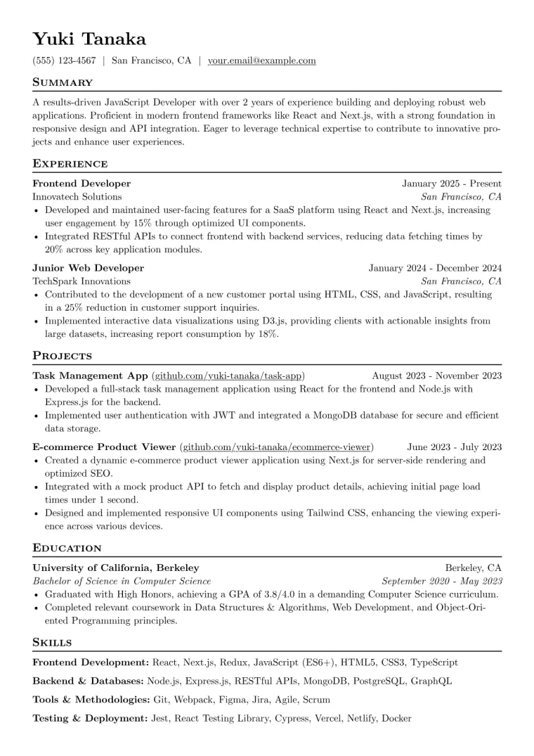 JavaScript Developer Resume Example CV template preview