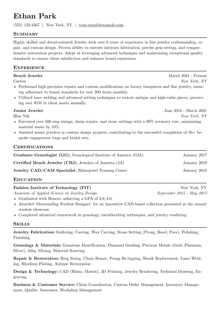 Jeweler Resume Example CV template preview