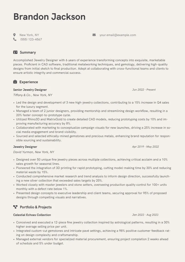 Jewelry Designer Resume Example CV template preview